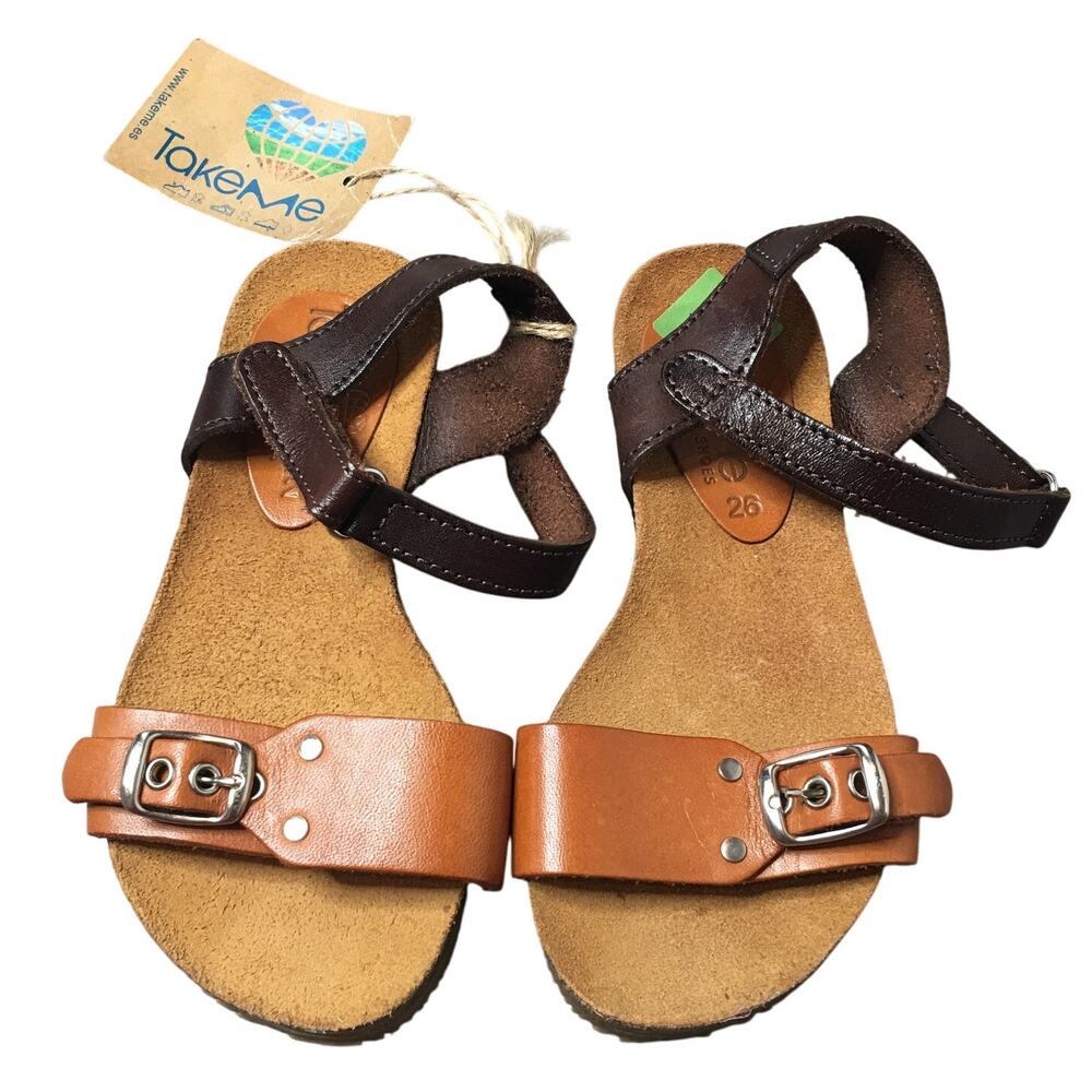 NWT Take Me Spanish Shoes Cork Footbed Girls Open Toe Flat Sandals Brown